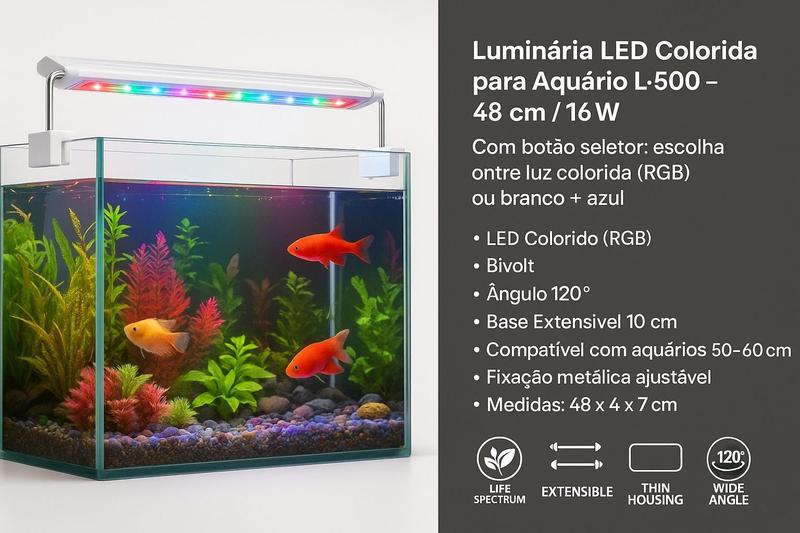 Luminaria Led Colorido RGB Aquario 50cm a 60cm Bivolt 16W - Water